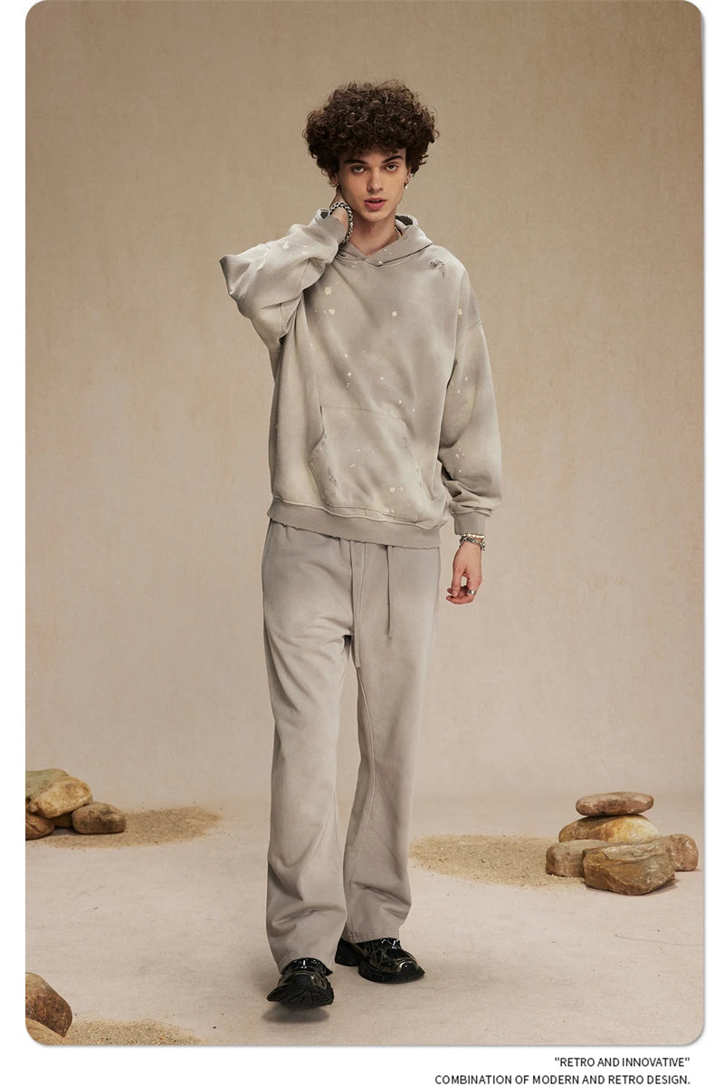 ZODF Autumn Winter Spray Dyeing Ink Splashing Hoodies For Men Unisex 450gsm Washed Oversized Knitted Hooded Pullovers HY0908