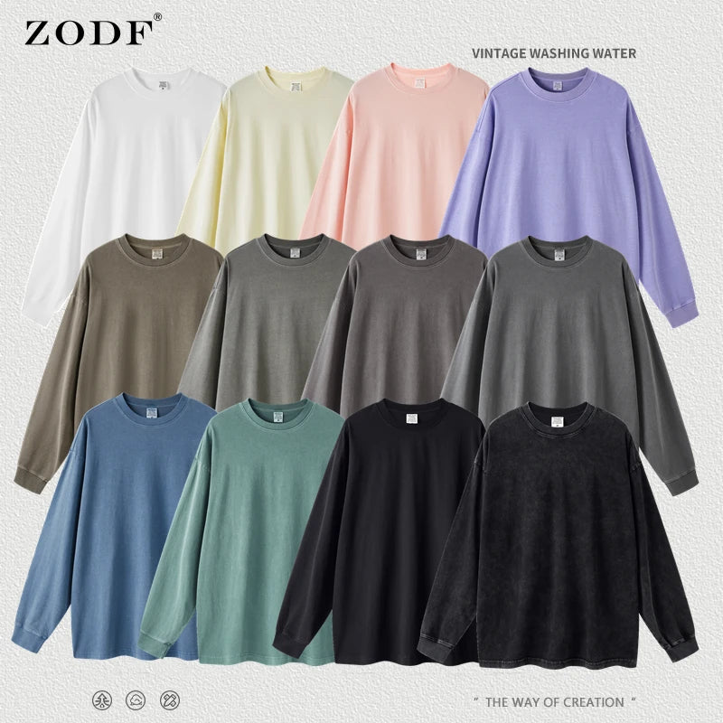ZODF New Autumn Men's 260gsm 100% Cotton T Shirts Unisex Retro High Street Loose Washed Solid Tees Streetwears HY0376