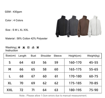 ZODF 430gsm Heavyweight Solid Zipper Hoodie for Men Unisex Loose Stand Collar Coat HY1101 Autumn 2025 Fashion
