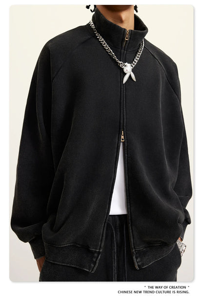 ZODF Retro Winter Men Washed Fleece Zipper Jackets Unisex Loose Oversized 400gsm Raglan Sleeve Coats Streetwears HY0649