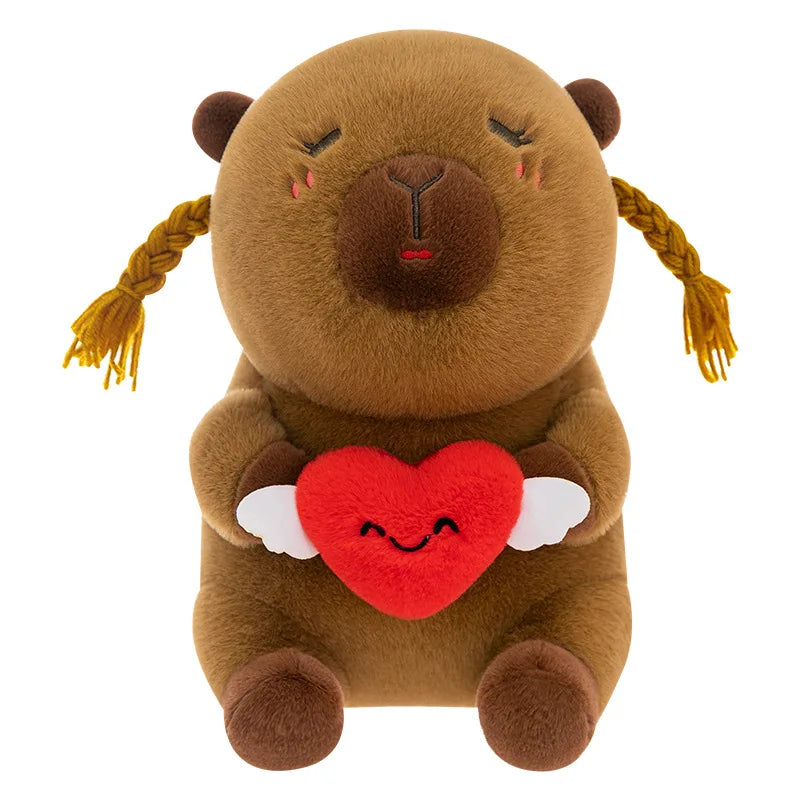 Capybara Plush Toy Cute Ugly Charming Love Heart Hair Braid Pillow Stuffed Animal Kids Birthday Christmas Gift for Children