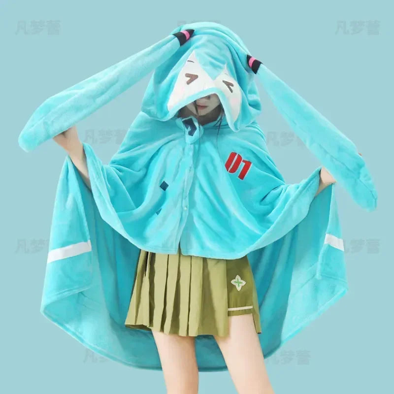 Kawaii Hatsune Itabag Multifunctional Hooded Air Conditioning Blanket Flannel Cloak Soft And Warm Nap Shawl Miku Surprise Gift