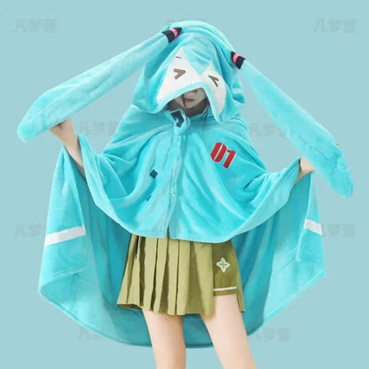 Kawaii Hatsune Itabag Multifunctional Hooded Air Conditioning Blanket Flannel Cloak Soft And Warm Nap Shawl Miku Surprise Gift