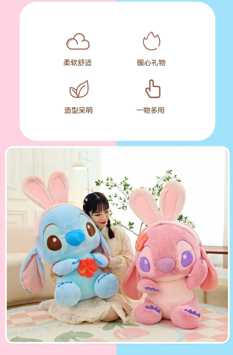 95cm Large Big Size Disney Stitch Angel Transformed Into A Rabbit Anime Plush Stuffed Doll Room Plushies Pillow Ornaments Gifts
