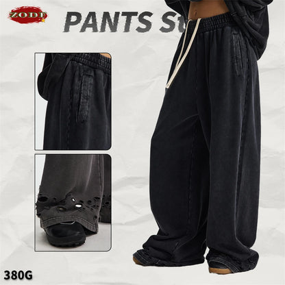 ZODF 2025 Autumn Men Washed Cotton Terry Pants 380gsm Distressed Oversized Straight Sport Trousers Streetwear HY1075