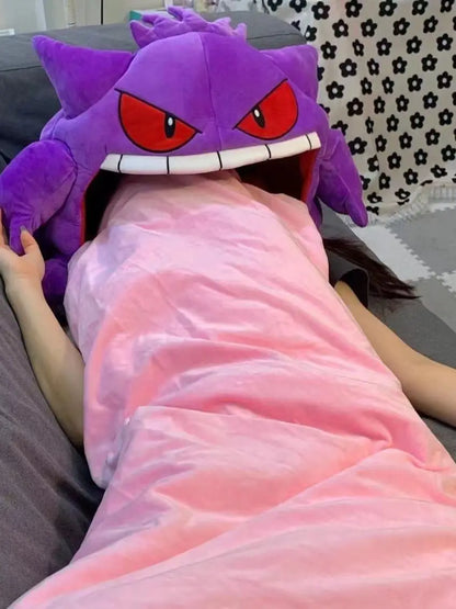 New Pokemon Gengar Cartoon Anime Kawaii Elf Sleep Pillow Dual Purpose Nap Blanket Toys Doll Super Soft Big Mouth Gifts