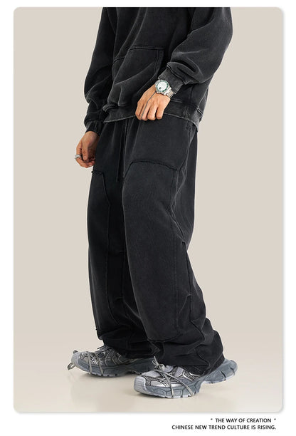 ZODF Fashion 2024 Winter Patches Fleece Straight Pants Retro Unisex Loose Washed 305gsm Warm Soft Trousers Brand Bottoms HY0872