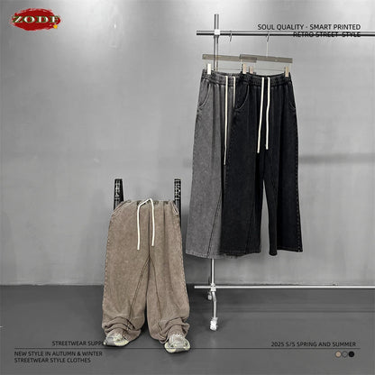 ZODF Retro 2025 Autumn Men 380gsm Washed Cotton Pants Unisex Distressed Loose Terry Sport Trousers Sweatpants HY1079