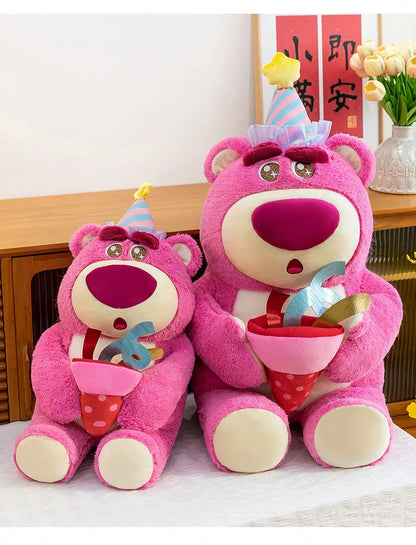 Disney Plush Strawberry Bear Doll with Birthday Hat Cute Stuffed Animal for Kids Birthday Xmas Gift Perfect Toy for Children And