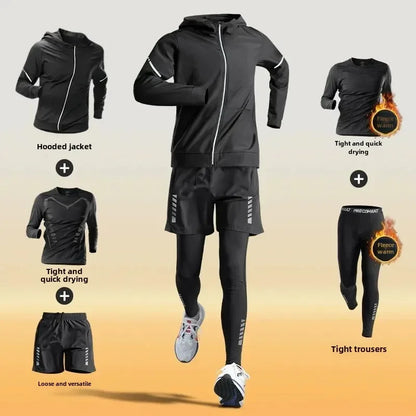 Men’s Winter Fleece-Lined Quick-Dry Warm-Up Sports Set for Running Cycling Fitness Training - 5-pcs set / XXXL