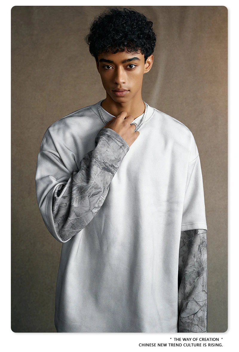 ZODF 2025 Autumn 340gsm Fake 2-Piece T-Shirt For Man Unisex Oversized Heat Transfer Printing Long Sleeve T Shirts Tee HY1151