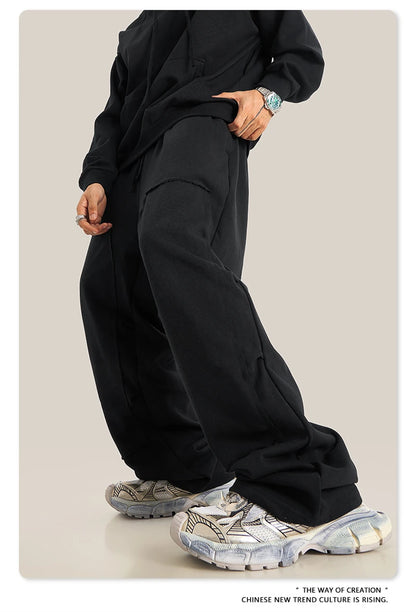 ZODF Fashion 2024 Winter Patches Fleece Straight Pants Retro Unisex Loose Washed 305gsm Warm Soft Trousers Brand Bottoms HY0872