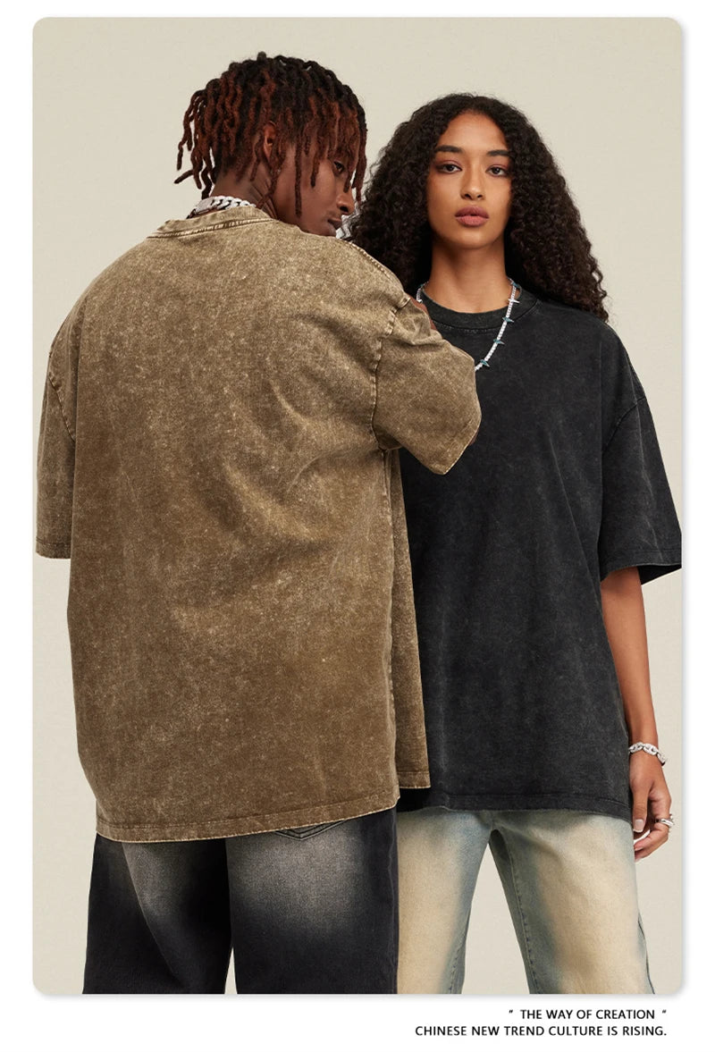 ZODF New Summer Men Washed Batik Cotton T Shirts Unisex American Retro High Street 270gsm Short Sleeve Tees Streetwear HY0489