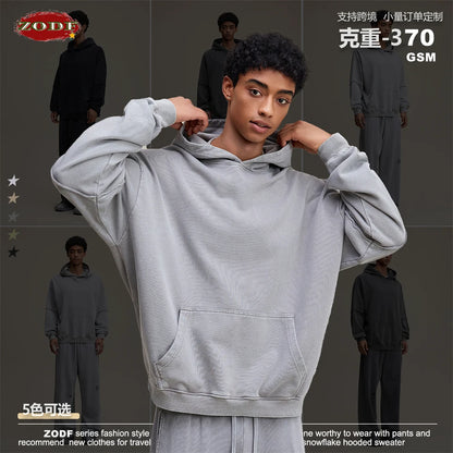 ZODF Vintage 2025 Autumn 370gsm Fake 2-Piece Hoodies For Man Unisex Washed Fire Snowflake Hooded Pullovers Terry Coats HY1108