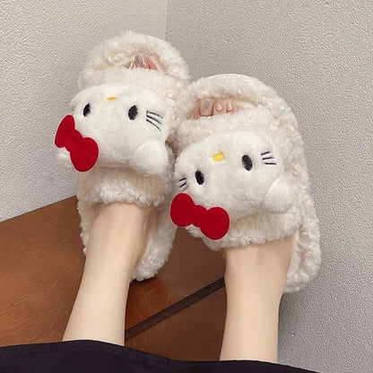 New Sanrio Sweet Hello Kitty Warm Cotton Slippers For Student Dormitory Comfortable One Word Hairy Adult Cotton Slippers