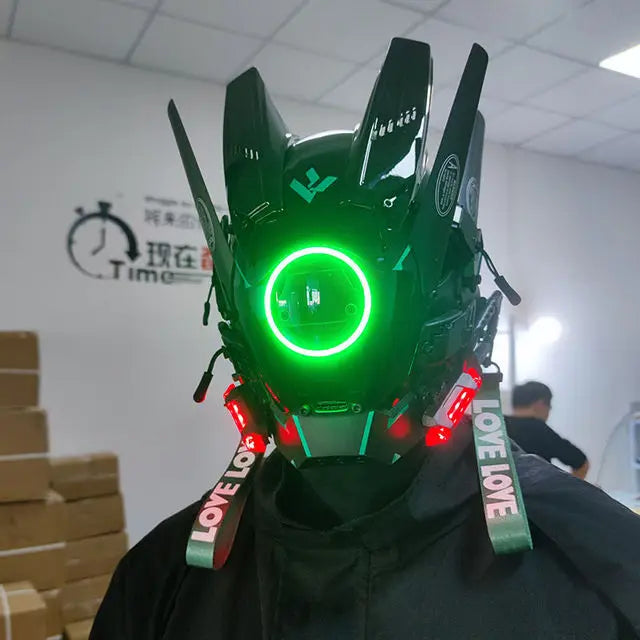Cyberpunk Helmet Cosplay Mask with LED Light Dreadlocks Braided Wings Shinobi Samurai Style – Birthday & Christmas Gift