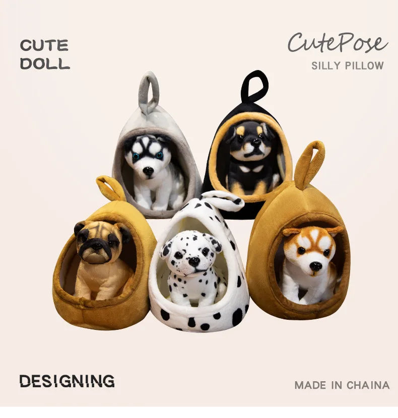 Cute Lifelike Husky & Akita Ultra-Soft Plush Stuffed Toys With A Tiny Cozy Dog Bed Cloth Dolls  Pet Lovers And Plush Collectors