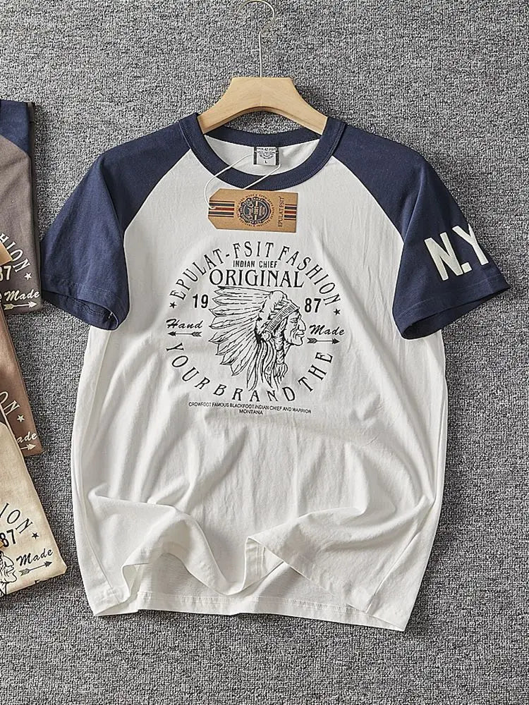 Summer New American Retro Short-sleeved O-neck Letter Printed T-shirt Men's Fashion Simple 100% Cotton Washed Casual Sport Tops