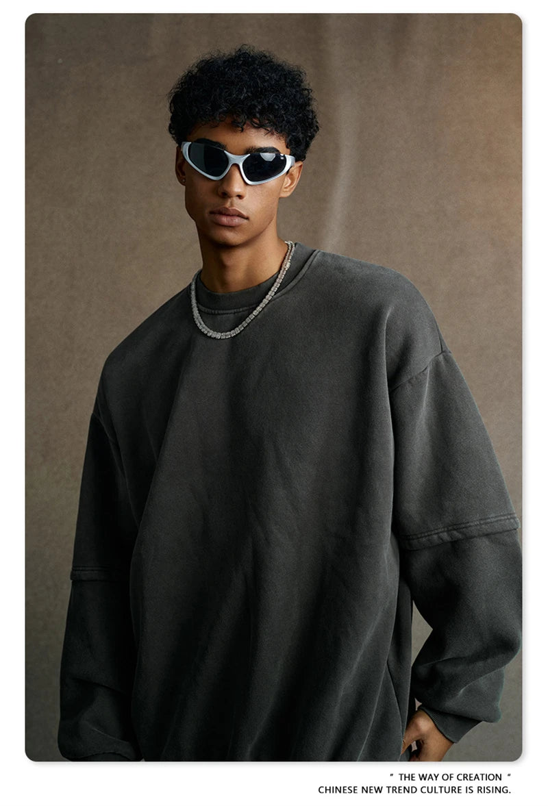 ZODF Trendy 2025 Winter Man 360gsm Washed Fleece Hoodies Unisex Patchwork Loose Fake 2 Pieces Knitted O Neck Sweatshirts HY1089