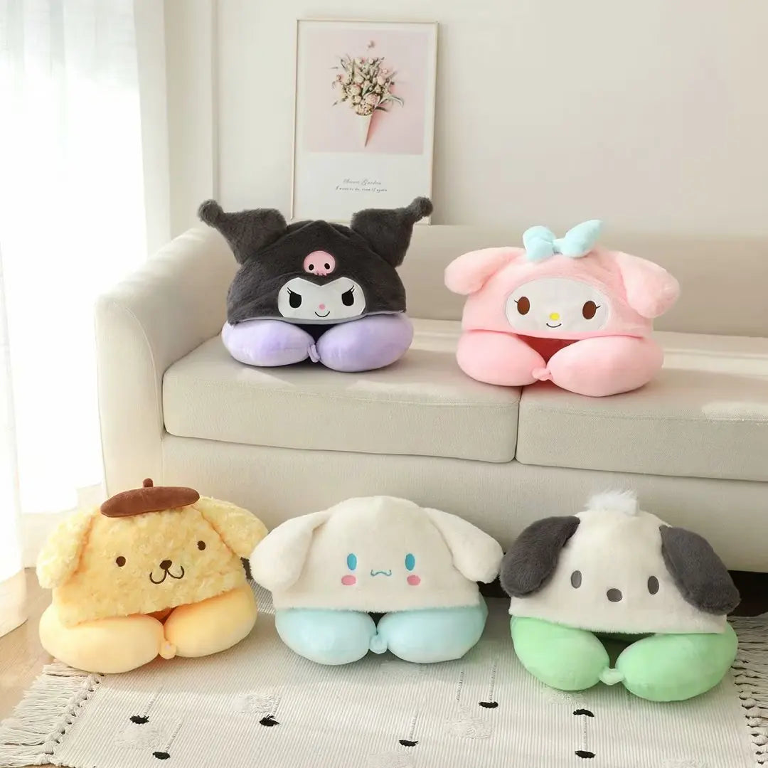 Japanese Anime Kuromi My Melody Hooded U Pillow Soft Pom Pom Purin Pochacco Plush Pillow Animal Cushion Gifts For Girl