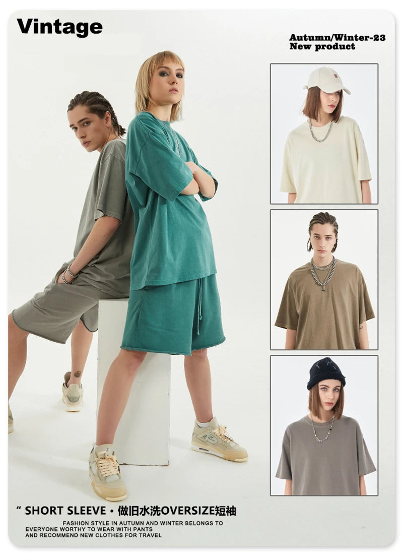 ZODF 2024 Summer Men 200gsm Washed Cotton Solid T Shirts Loose Unisex Male Casual Basic Comfortable T-Shirt Brand Tees HY0254