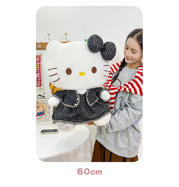 Sanrio Plush Cat Stuffed Animal Doll Large Checkered Skirt Kawaii Pillow Toy for Kids Birthday Christmas Gift for Girls Bedtime