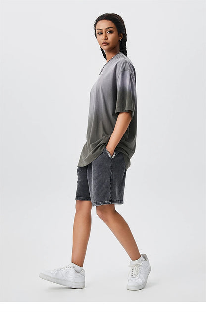 ZODF New Men's Summer Washed Gradient Cotton T-Shirts Unisex Women Retro Distressed 310gsm Ripped T Shirt Brand Tops HY0859