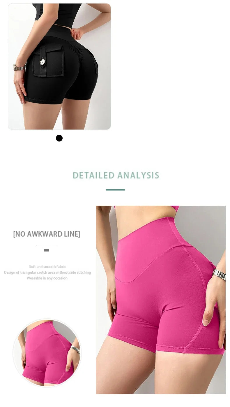 High Waist Yoga Shorts for Women with Pockets Scrunched Butt Push Up Gym Leggings Sexy Fitness Running Tights