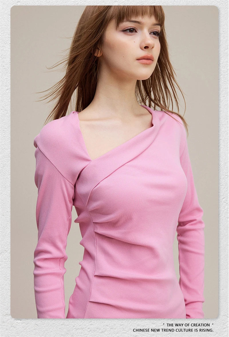 ZODF Retro Sexy Women Autumn Washed 275gsm T Shirt Ladies Girls Distressed Side Pleated Full Sleeve T-Shirts Tees HY1107