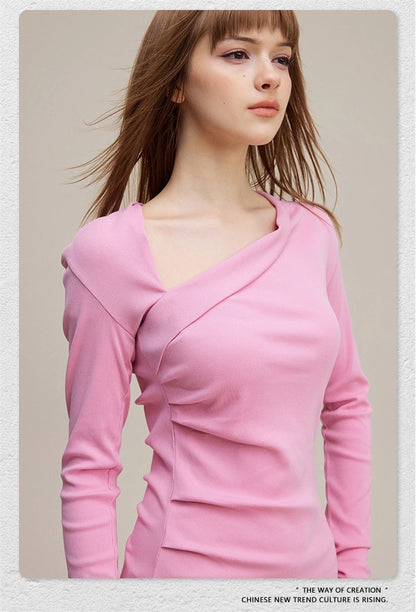 ZODF Retro Sexy Women Autumn Washed 275gsm T Shirt Ladies Girls Distressed Side Pleated Full Sleeve T-Shirts Tees HY1107