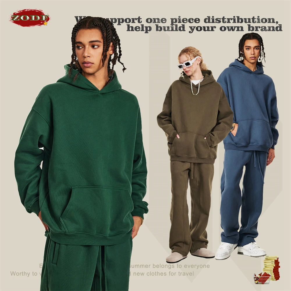 ZODF New 2024 Autumn Winter Men 345gsm Fleece Hoodies Unisex Women Relax Fit Warm Solid Hooded Pullovers Sweatshirts HY0863