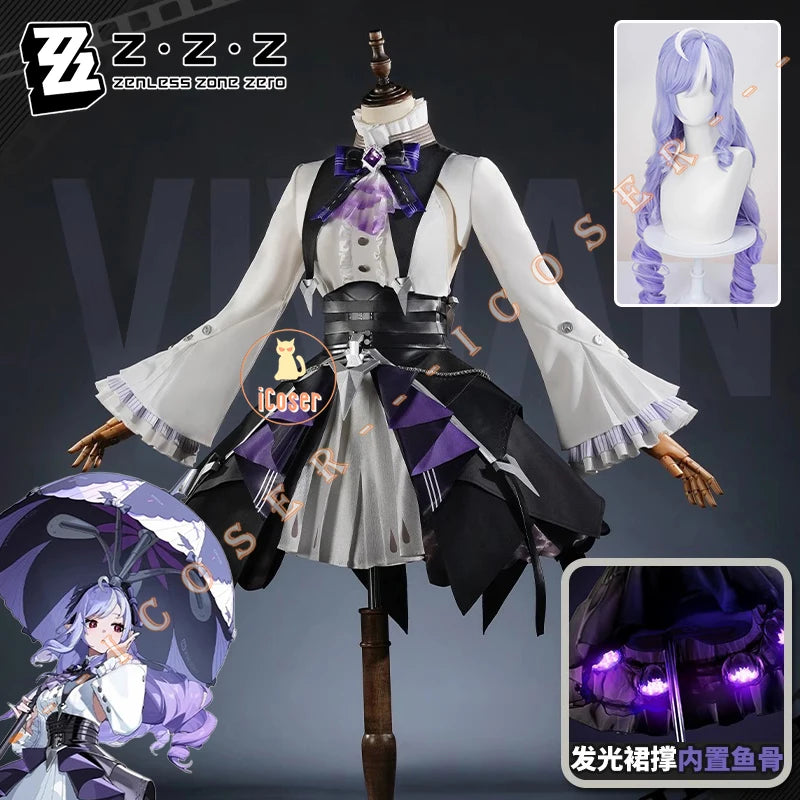 Zenless Zone Zero Vivian Cosplay Costume Wig Dress Uniform Headwear Earrings Mockingbird Halloween Party for Women Girl Carnival
