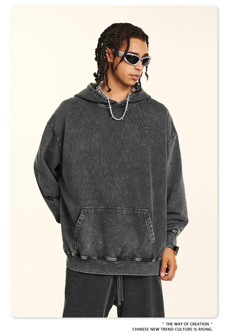 ZODF Retro Men Heavyweight Washed Cotton Hoodies Unisex Loose Thick 420gsm Hooded Sweatshirts Pullovers Coats HY0466