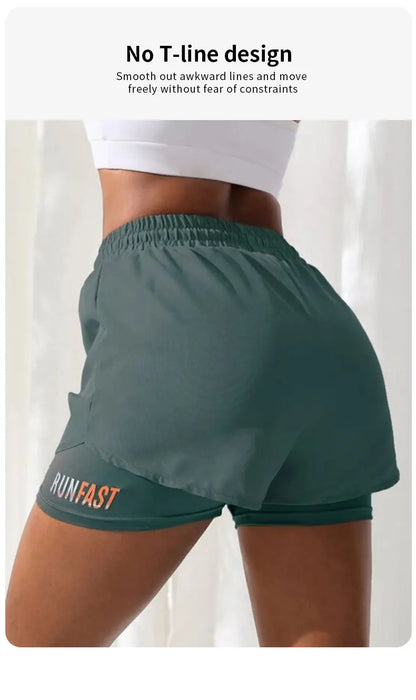Women’s High Rise Elastic Waist Yoga Shorts with Fake Two-Piece Design for Running