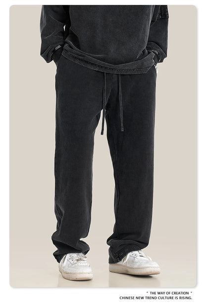 ZODF Retro Men Autumn Washed 380gsm Cotton Unisex High Street Oversized Solid Sport Straight Pants HY0885