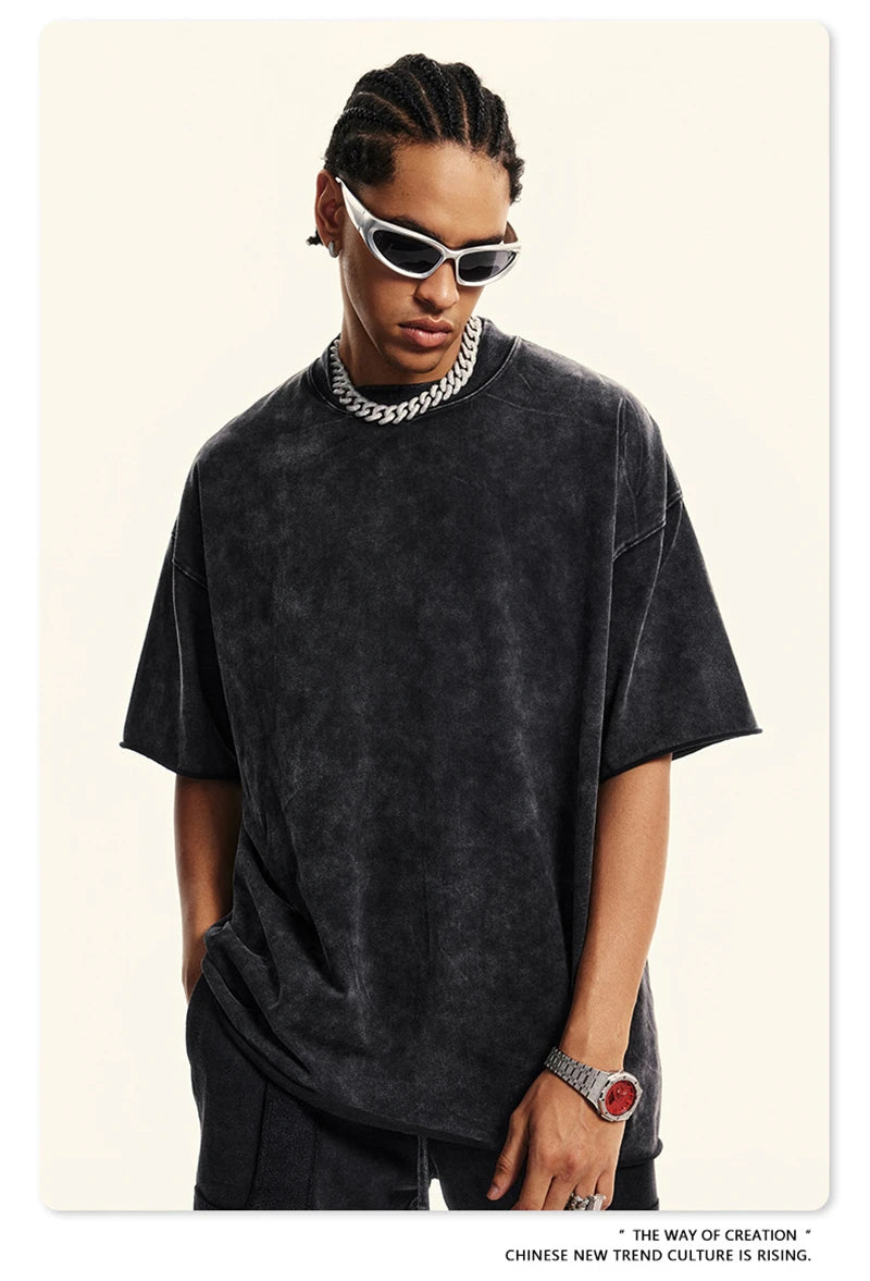 ZODF Retro 2024 Summer Men Washed Cotton T-Shirts  Unisex Women 310gsm Distressed Hem Loose Edge T Shirt Brand Tees HY0808