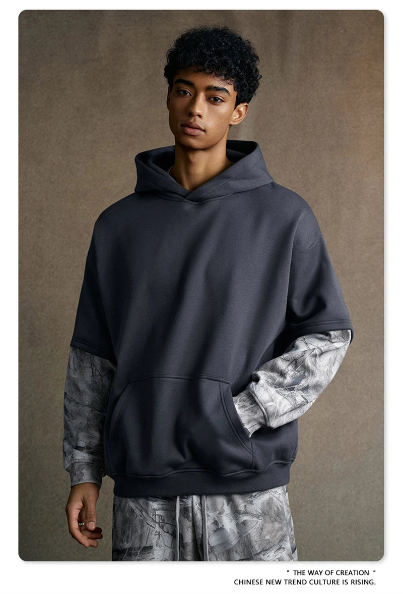 ZODF Fashion Winter Fake 2-Piece 340gsm Fleece Hoodies For Men Unisex High Street Camouflage Sleeve Hooded Pullovers HY1153