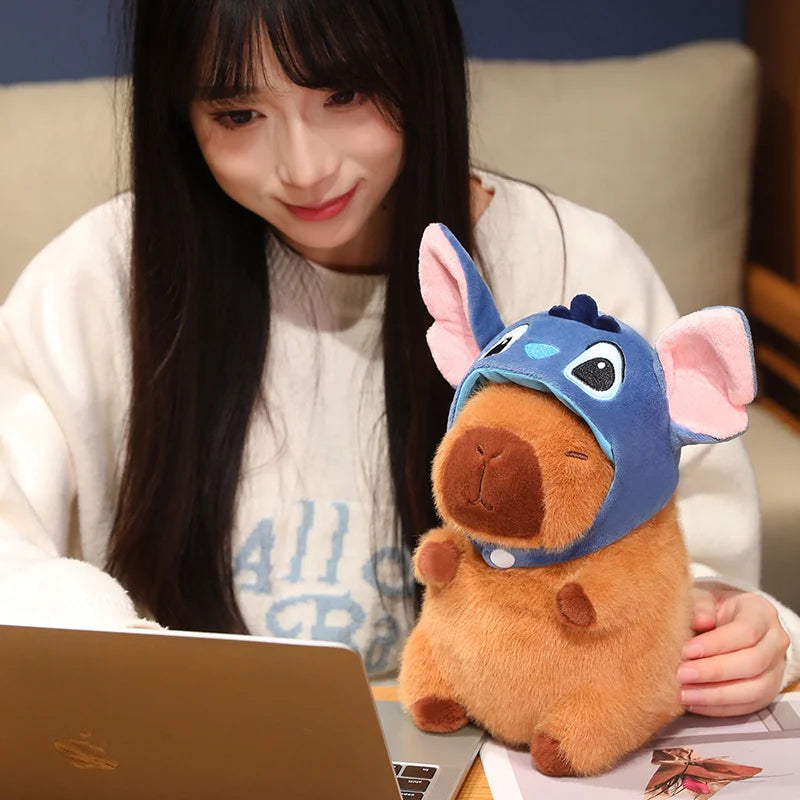 Capybara Soft Doll Cute Stuffed Capibara Anime With Pikachu Stitch Kuromi Hat Toy Kawaii Plushie Xmas Gift for Girl Friend