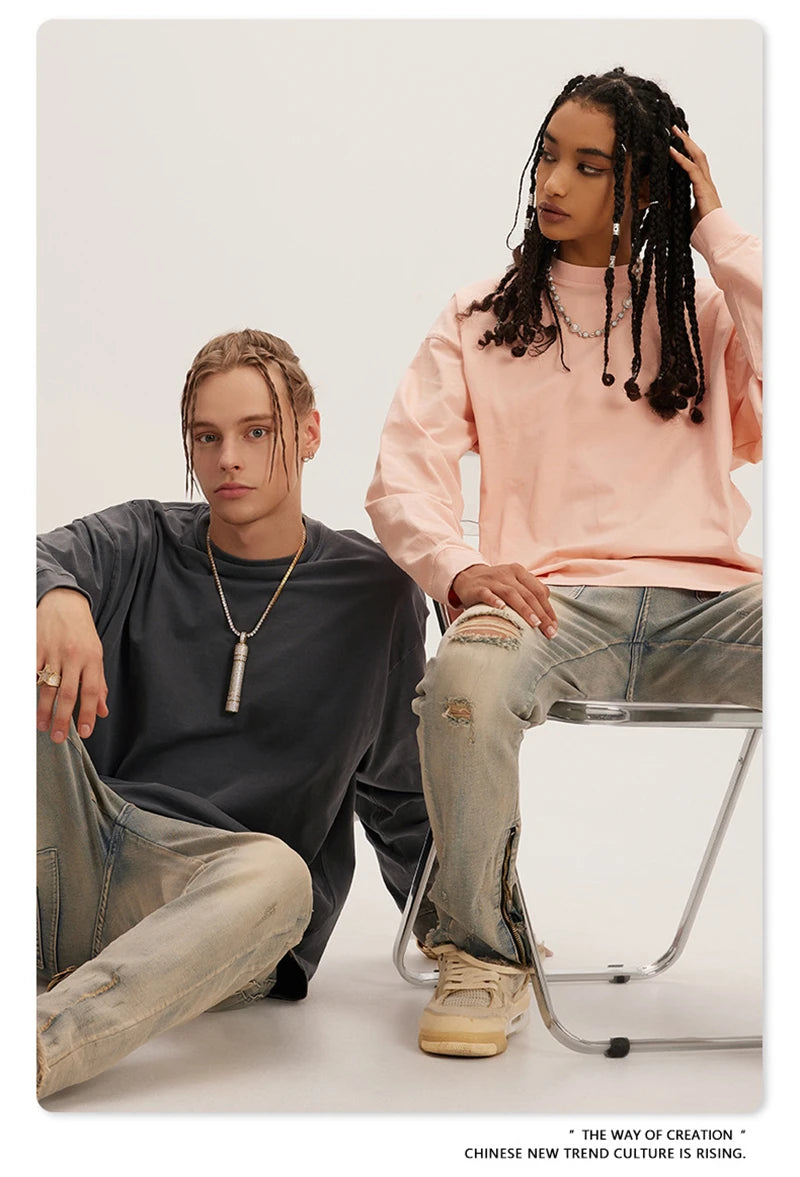 ZODF New Autumn Men's 260gsm 100% Cotton T Shirts Unisex Retro High Street Loose Washed Solid Tees Streetwears HY0376