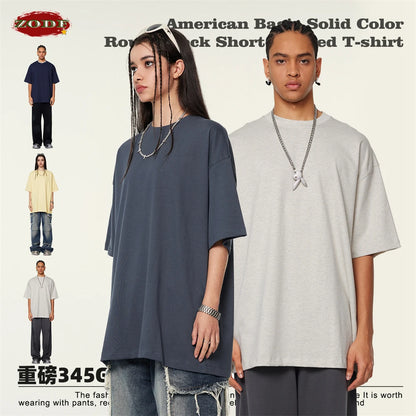 ZODF 2024 Heavy-Weight 345gsm Basic Solid T-Shirts For Men Unisex Women Summer Loose 100% Cotton T Shirt Brand Clothes HY0771