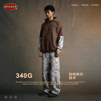 ZODF Fashion Winter Fake 2-Piece 340gsm Fleece Hoodies For Men Unisex High Street Camouflage Sleeve Hooded Pullovers HY1153