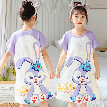 MINISO Children Home Clothing Girls Night Dress Summer Short Sleeve Disney Hello Kitty Cat Toddler Girl Pjs Nightgown Sleepwear