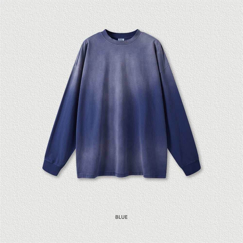 ZODF Retro Monkey Washed 260gsm Cotton Full Sleeve Loose High Street T-Shirt for Men Unisex HY0406 - Blue / S / China