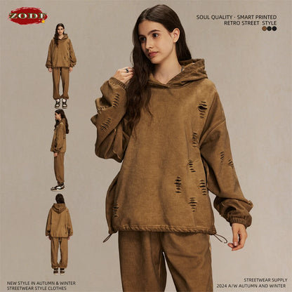 ZODF Vintage Winter Men Distressed 450gsm Hoodies Unisex High Street Ripped Holes Elastic Hem Hooded Pullovers Coat HY0932