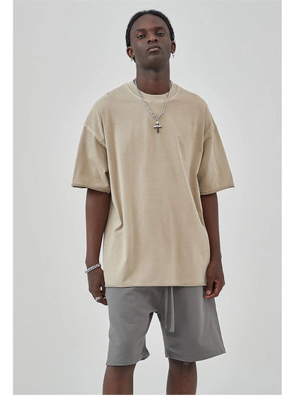 ZODF 2025 High Street Men Batik Washed Solid T Shirts Unisex Summer Loose Edge Noshrink 275gsm Cotton T-Shirt Streetwears HY0466