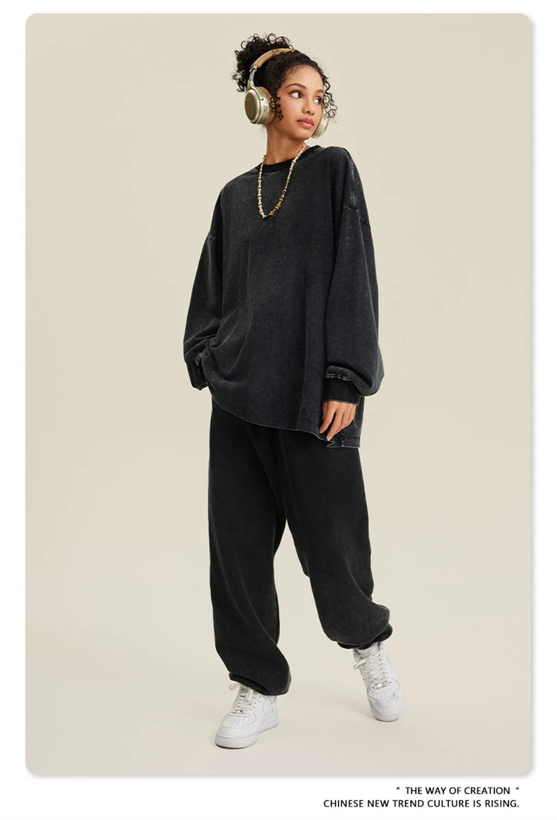 ZODF Retro 2025 Men Autumn Batik Washed T Shirt Unisex Oversized Basic Long Sleeve Solid 270gsm Cotton T-Shirts Tees HY0641