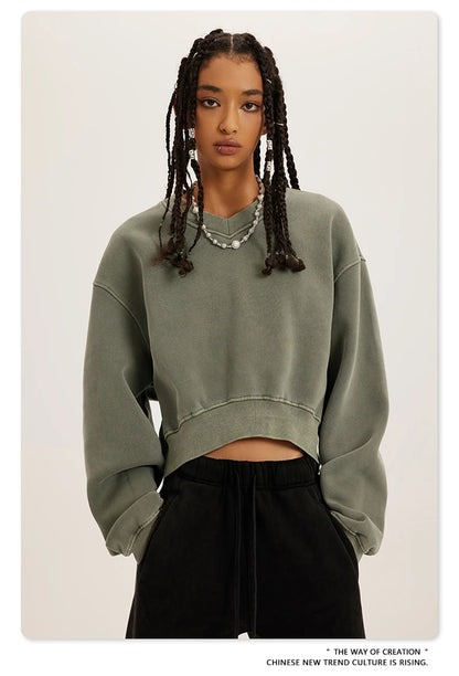 ZODF Winter Women Short Fleece Cropped Sweatshirts Girls Female Hip Hop Loose 400gsm V-Neck Pullovers Brand Tops HY0437