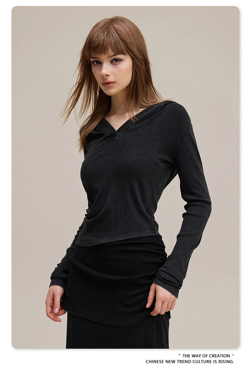 ZODF Sexy Women Autumn Washed 275gsm Hooded T Shirt Ladies Girls Slim Fit Distressed Side Pleated T-Shirts Tees HY1149