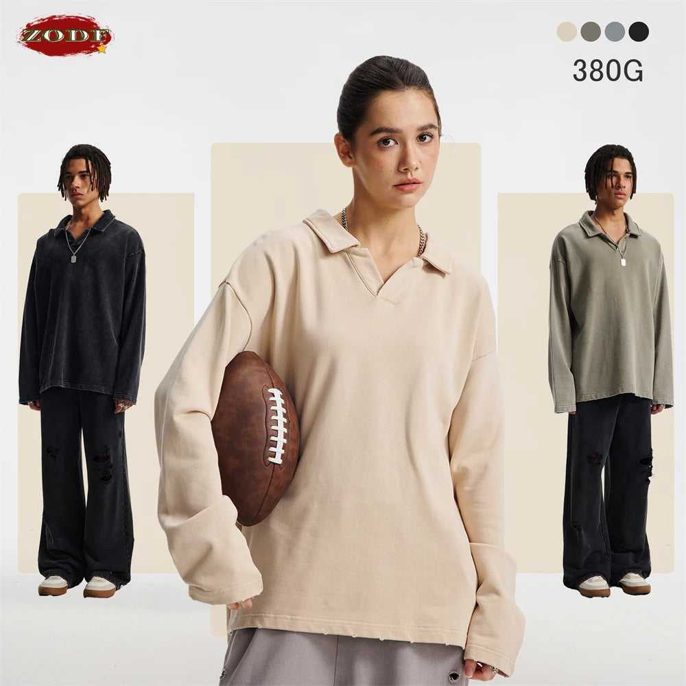 ZODF Retro Heavy Weight 400gsm Washed Cotton T-Shirts For Man Unisex Full Sleeve Turn Down Collar T Shirt Brand Tops HY1087