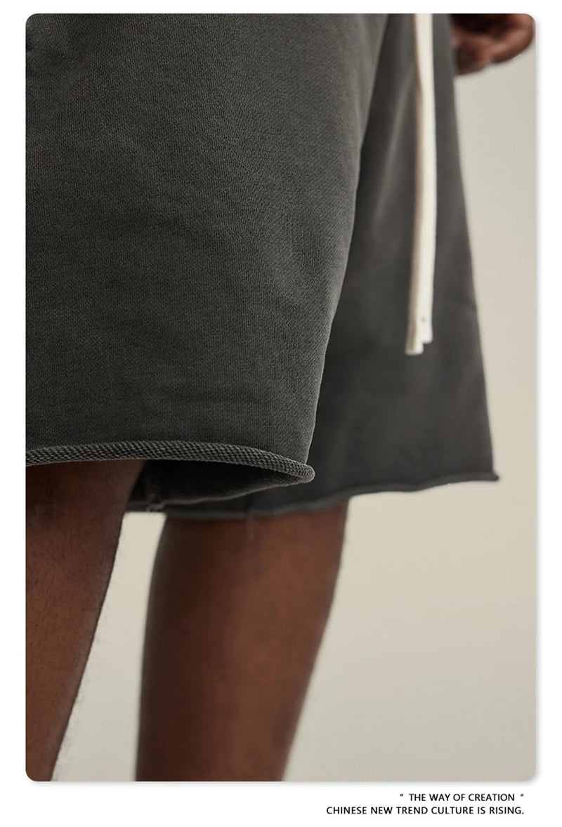 ZODF New Summer Men Retro Washed Shorts Unisex Drawstring Loose Edge 420gsm Solid Knee Length Cotton Pants Streetwears HY0589